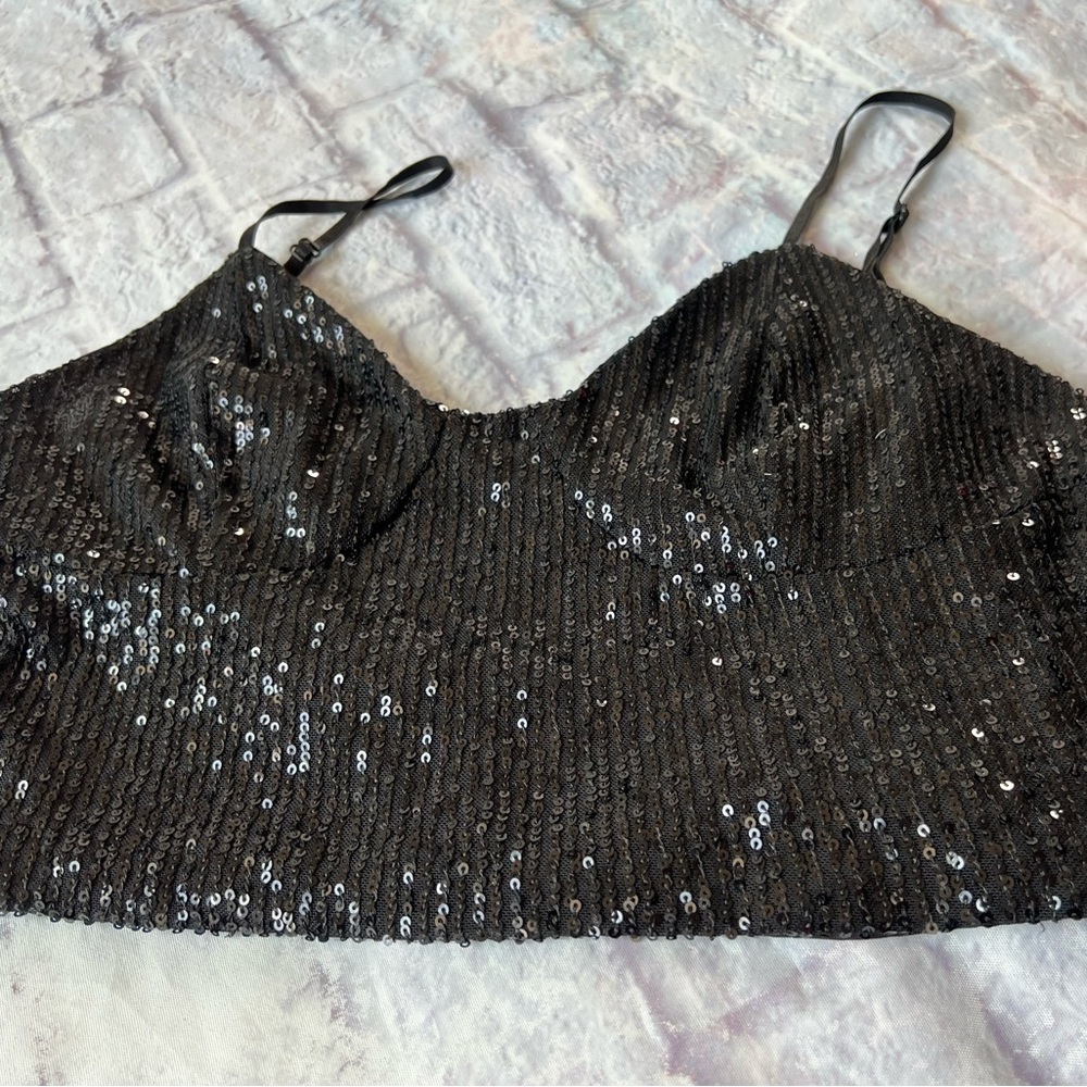 XL Black SequinTops Strappy Sparkly Clubwear Womens Tank Sexy Crop Tops Juniors